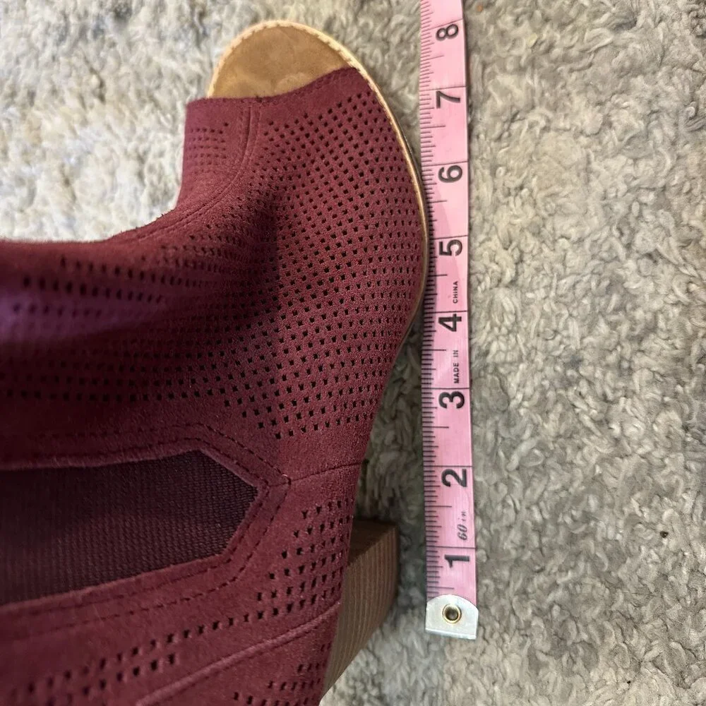 Toms Wide 6.5 Burgundy Red Open Toe Booties Suede Peep Toe Leather Majorca Open - Picture 9 of 10
